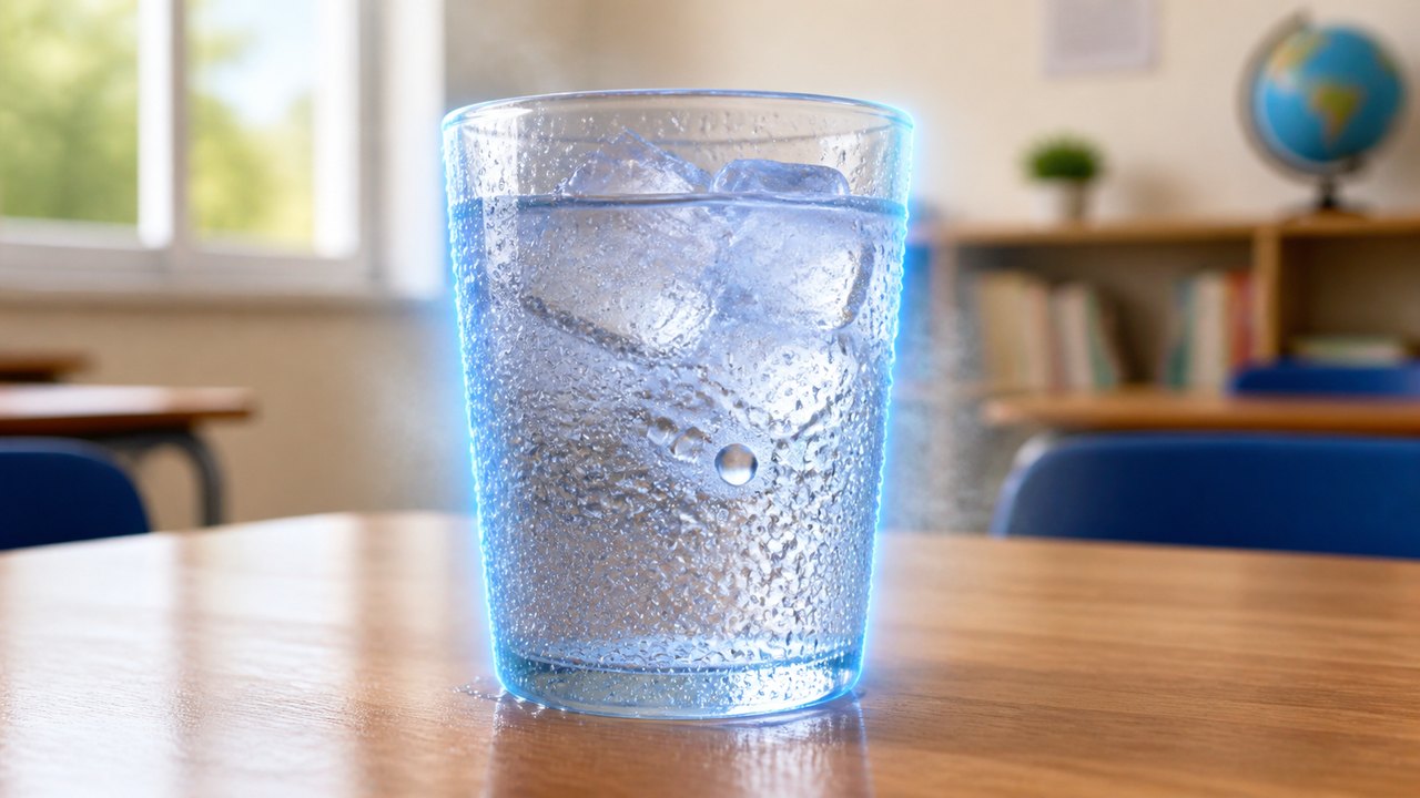 Cold glass condensation lesson image showing water droplets on the outside surface
